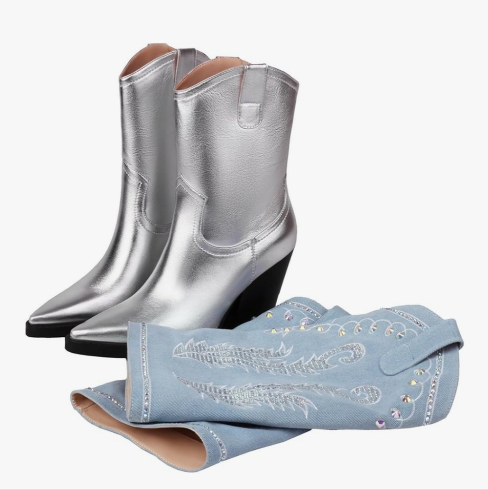 LOIRIT Women's Cowgirl Boots Silver Mid Calf Chunky Heel Boots - NWOB - Picture 4 of 7